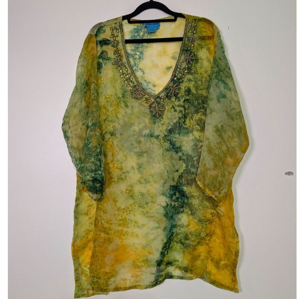 Aqua Blue Boho Sheer Beaded Swim Cover Up 2X Green Gold Tie Dye Resort Top - Picture 2 of 5